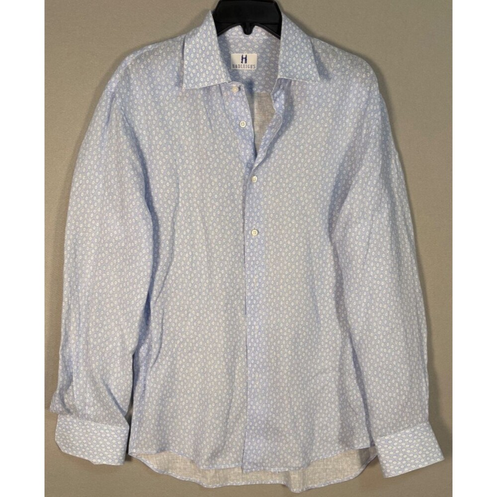 HADLEIGHS Shirt Mens 15.75/ 40 Light Blue Geometric Cotton Beach Made In Italy